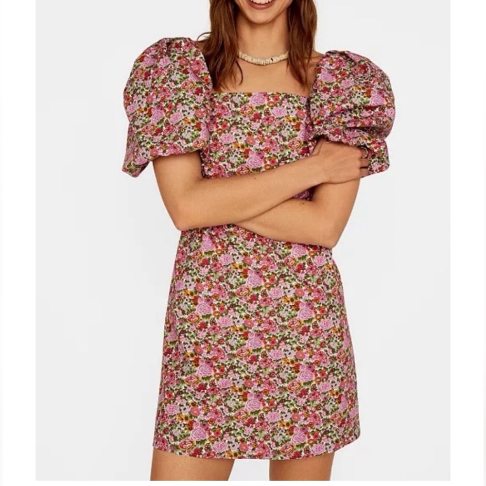 Mango Floral Puff Sleeve Mini Dress